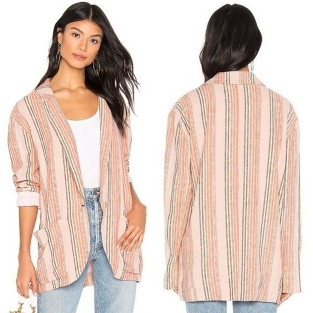 Free People Simply Stripe Linen Oversized Blazer Small Boho Coastal Lagenlook